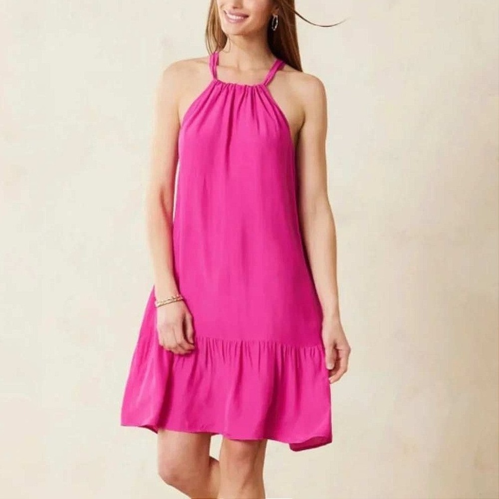 Tommy Bahama Calypso Crepe Tier Short Dress Pink Maui Large Halter‎ Mini